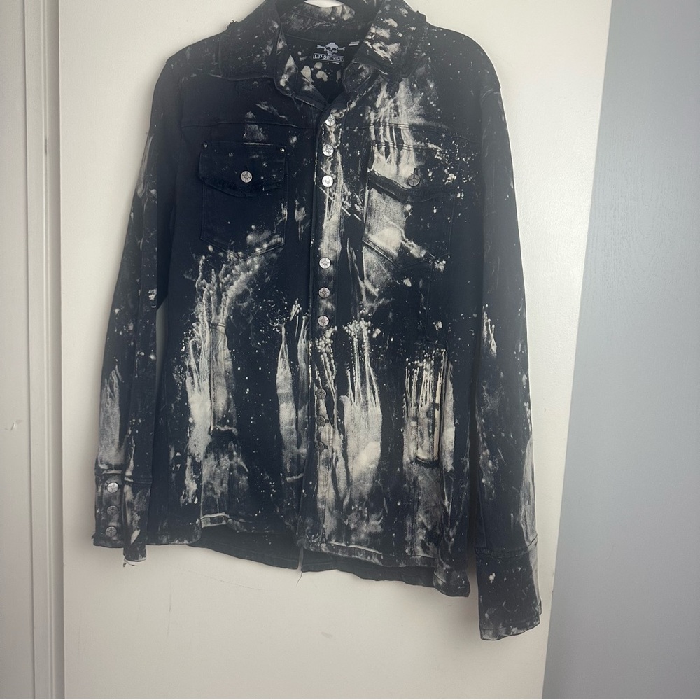 Lip Service Black & Creamish Vintage Porn Splatter Stretch Twill Jacket NWT L - Picture 5 of 16